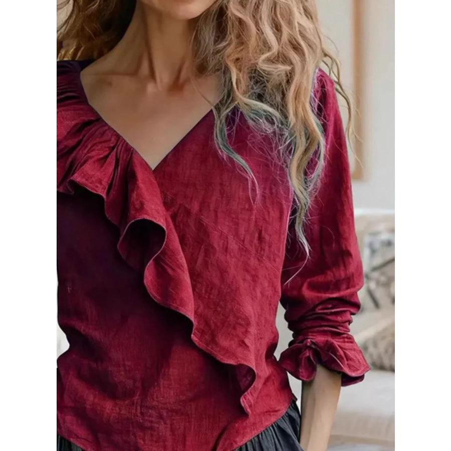 V-Neck Ruffled Long Sleeve Blouse Apparel and Accessories