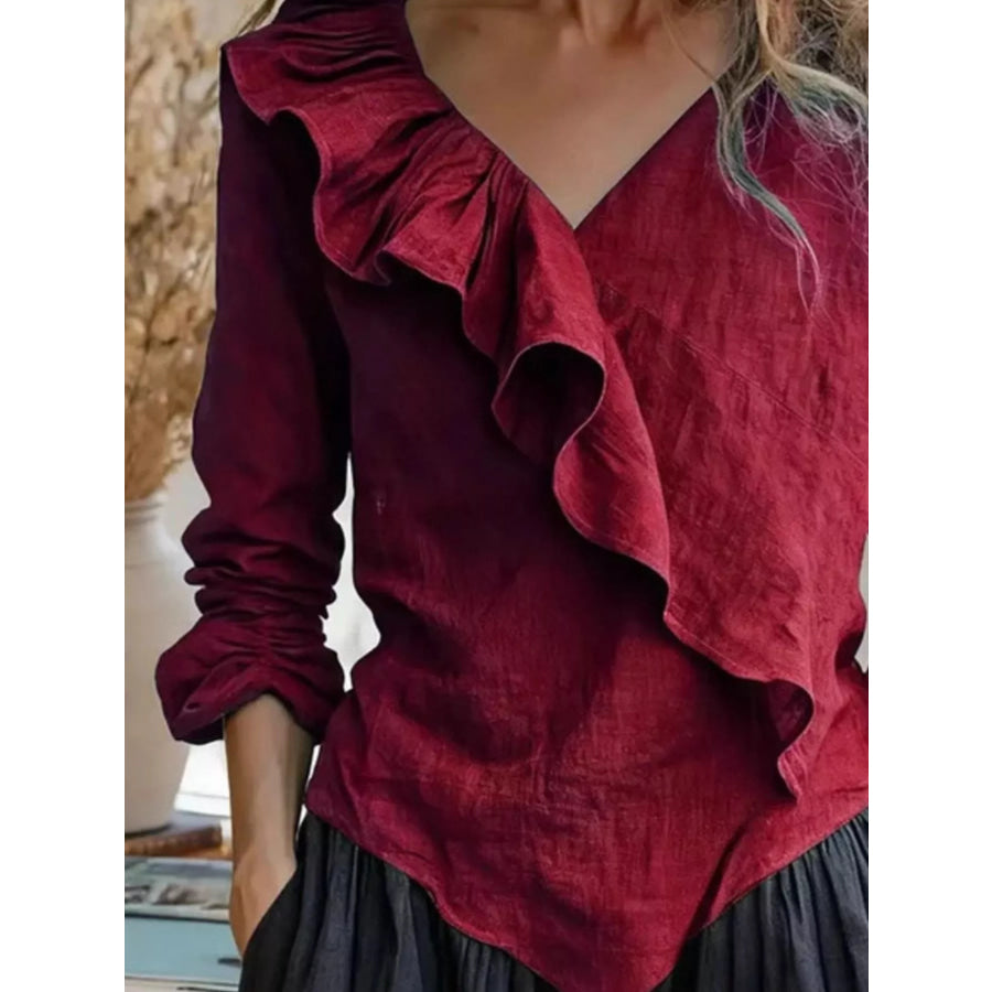 V-Neck Ruffled Long Sleeve Blouse Apparel and Accessories