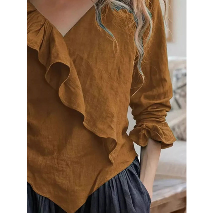 V-Neck Ruffled Long Sleeve Blouse Apparel and Accessories