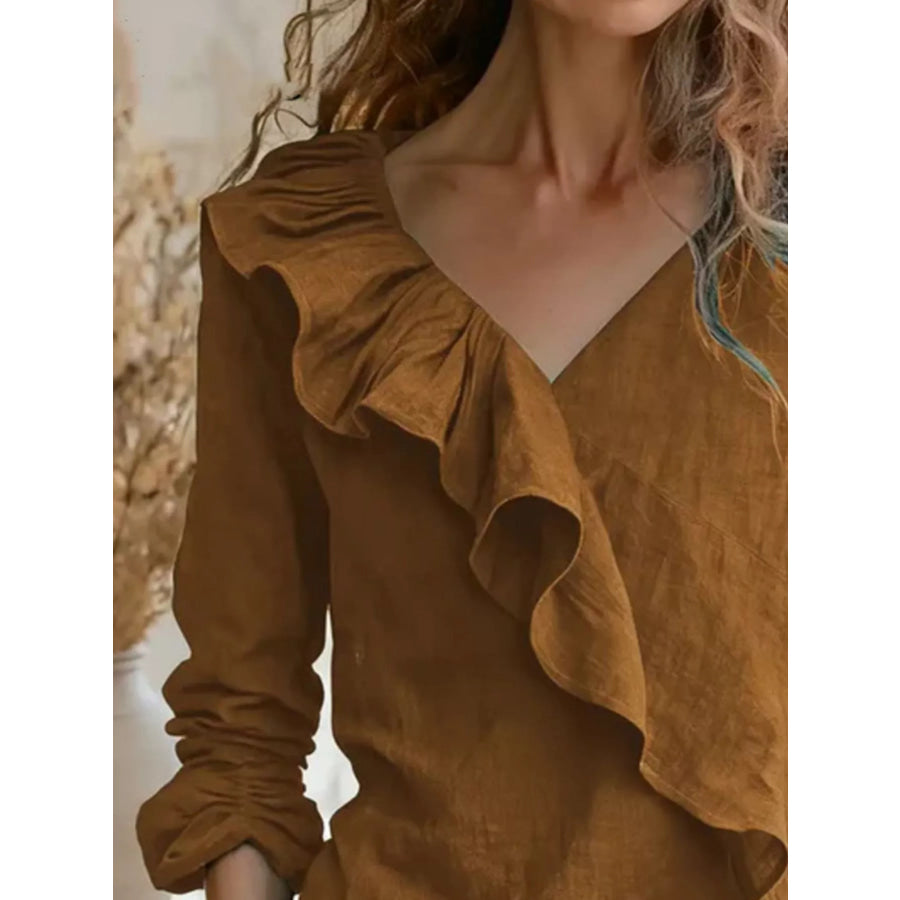 V-Neck Ruffled Long Sleeve Blouse Apparel and Accessories