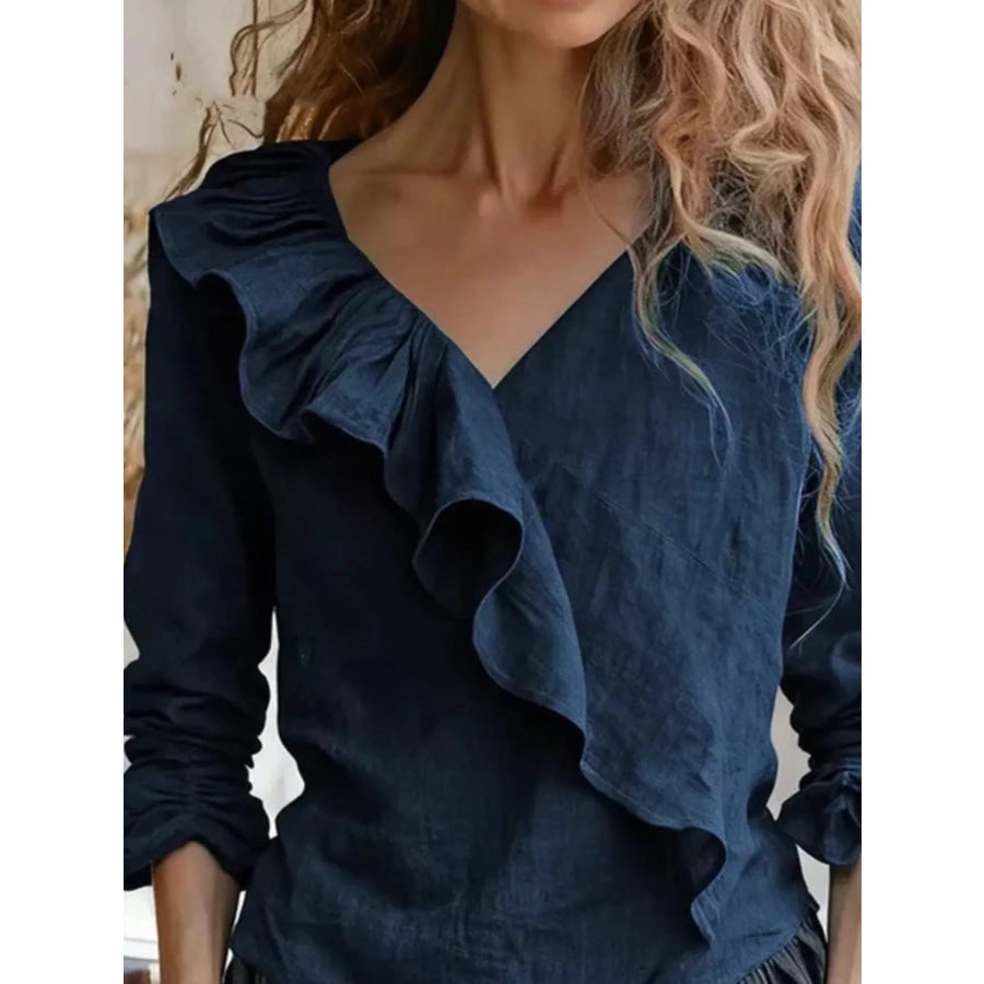 V-Neck Ruffled Long Sleeve Blouse Apparel and Accessories