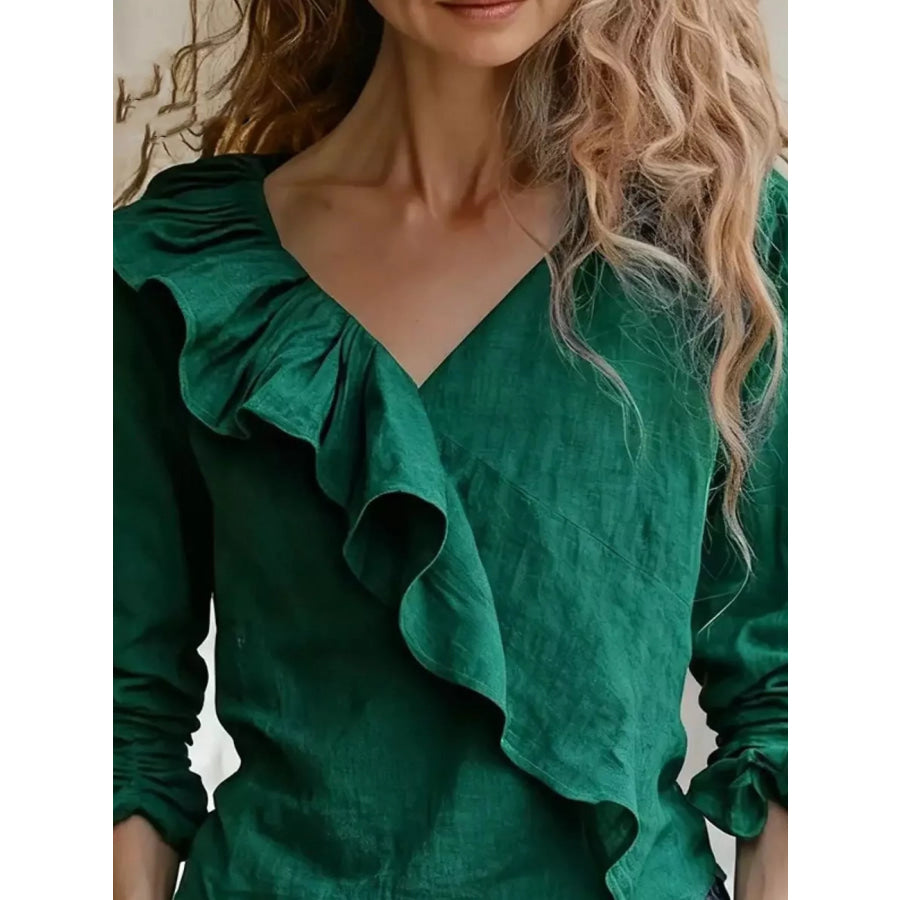 V-Neck Ruffled Long Sleeve Blouse Apparel and Accessories