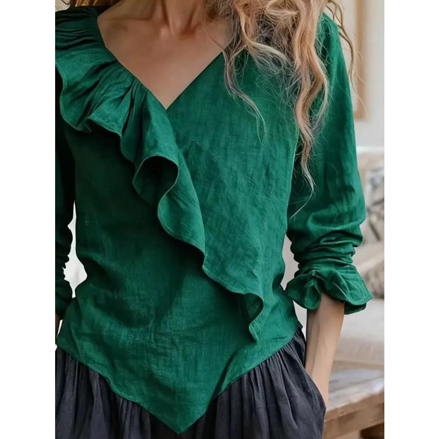 V-Neck Ruffled Long Sleeve Blouse Apparel and Accessories