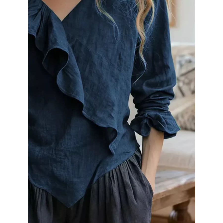 V-Neck Ruffled Long Sleeve Blouse Apparel and Accessories