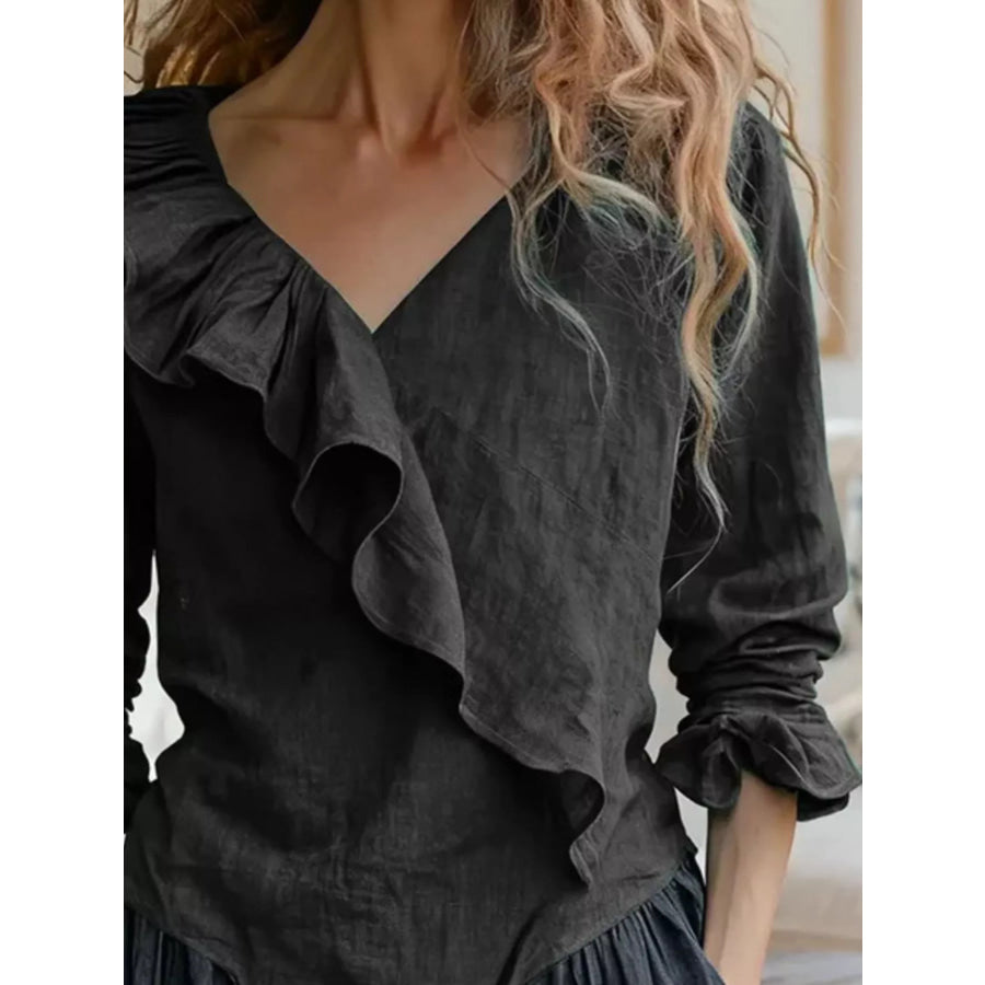 V-Neck Ruffled Long Sleeve Blouse Apparel and Accessories