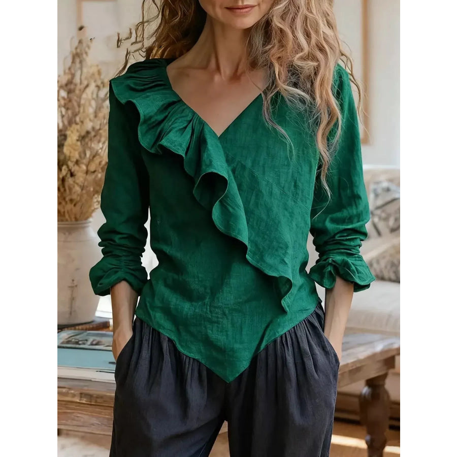 V-Neck Ruffled Long Sleeve Blouse Black Forest / S Apparel and Accessories