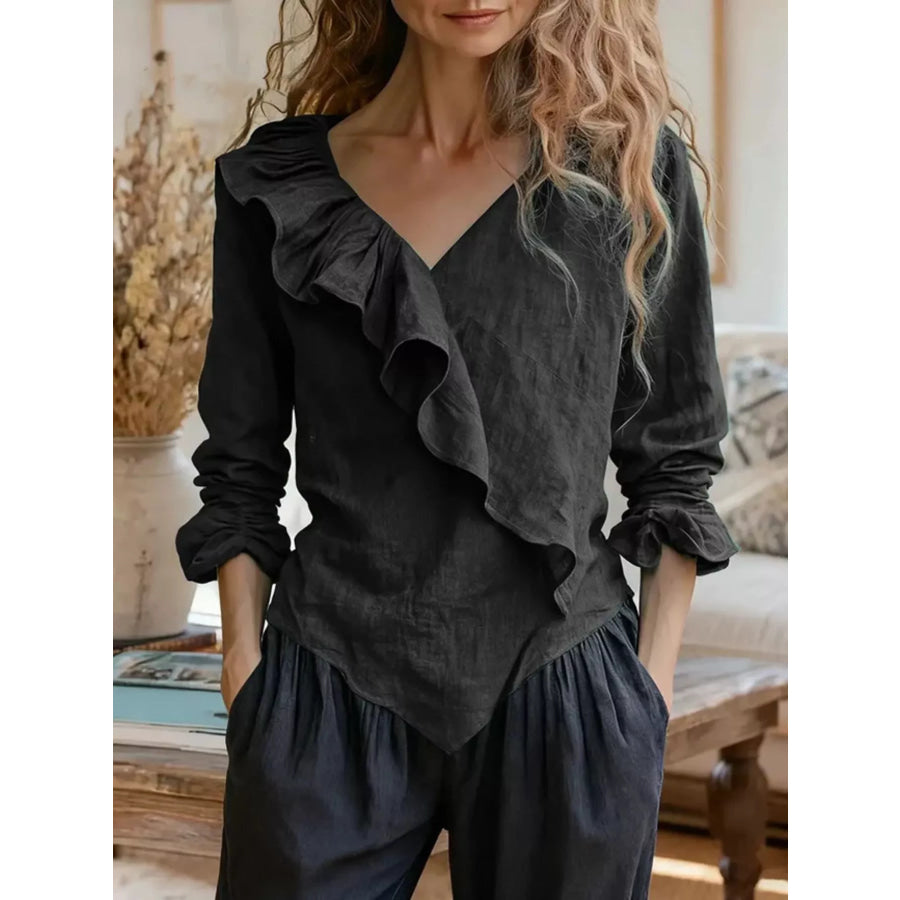 V-Neck Ruffled Long Sleeve Blouse Black / S Apparel and Accessories