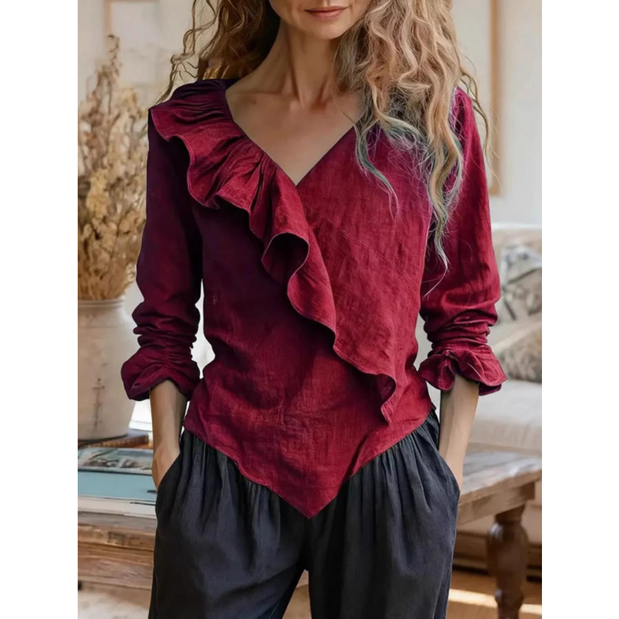 V-Neck Ruffled Long Sleeve Blouse Burgundy / S Apparel and Accessories
