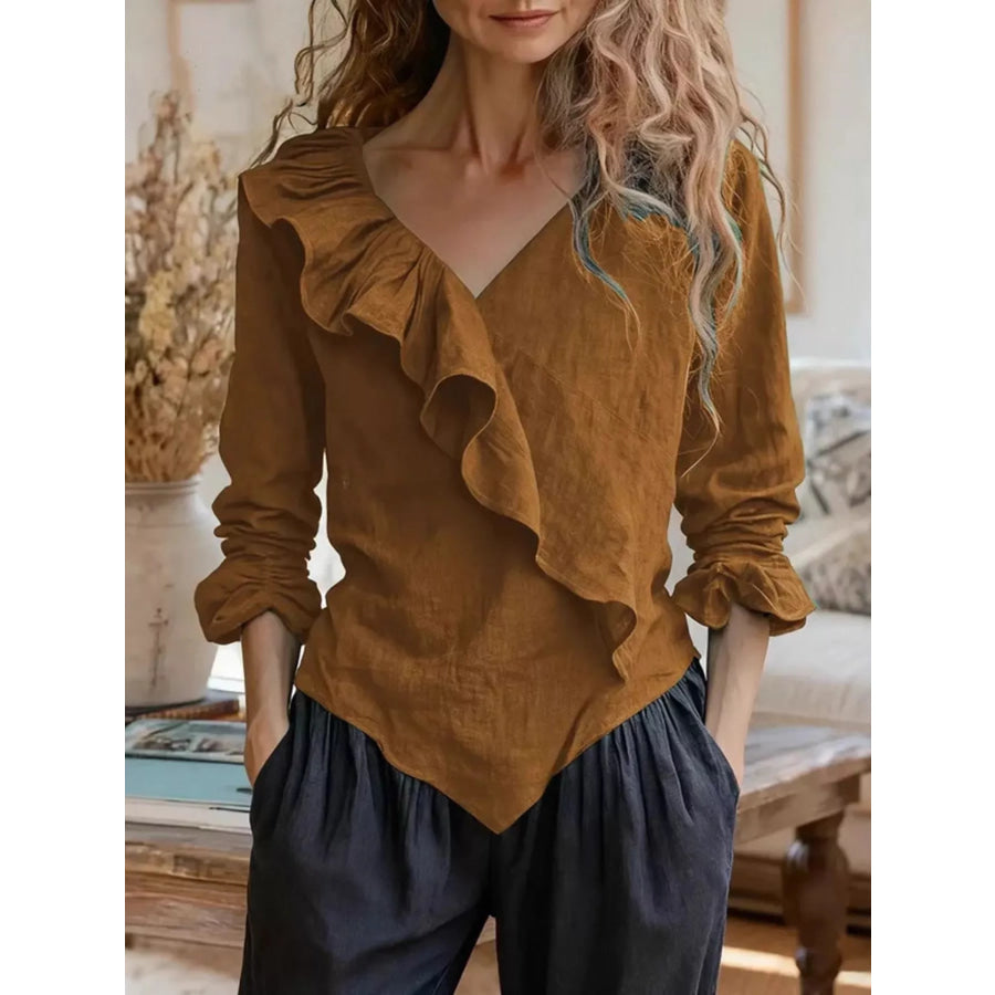 V-Neck Ruffled Long Sleeve Blouse Caramel / S Apparel and Accessories