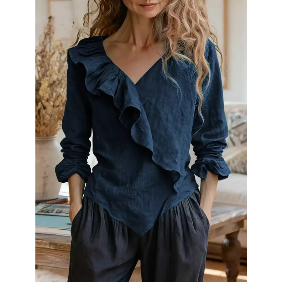 V-Neck Ruffled Long Sleeve Blouse Navy / S Apparel and Accessories