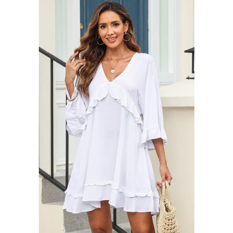 V-Neck Ruffled Mini Dress White / S Clothing