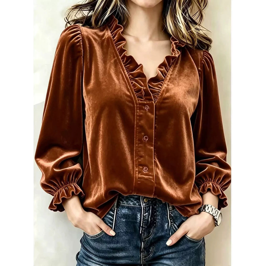V-Neck Ruffled Velvet Button Down Blouse Chocolate Color / S