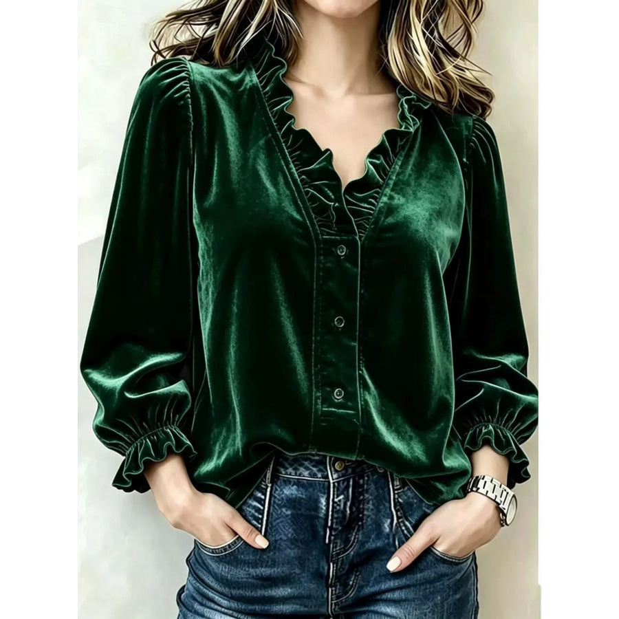 V-Neck Ruffled Velvet Button Down Blouse Dark Green / S