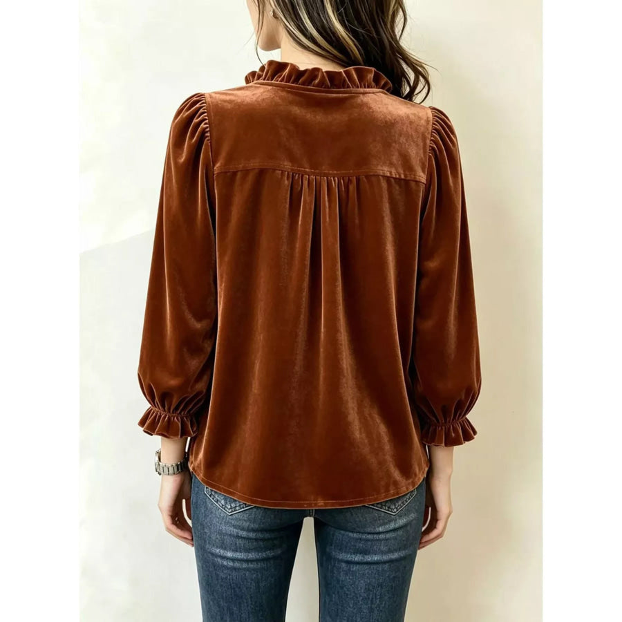 V-Neck Ruffled Velvet Button Down Blouse