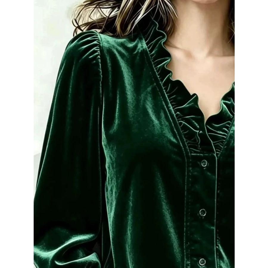 V-Neck Ruffled Velvet Button Down Blouse