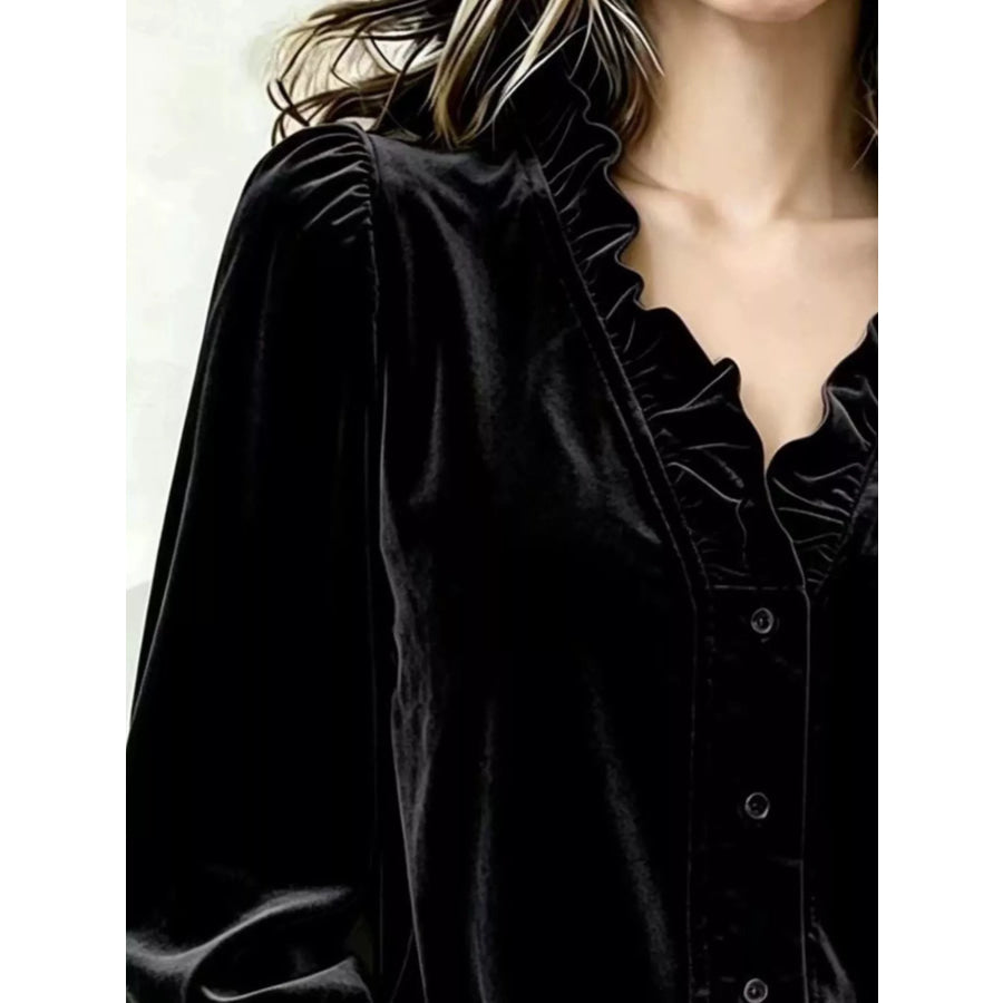 V-Neck Ruffled Velvet Button Down Blouse