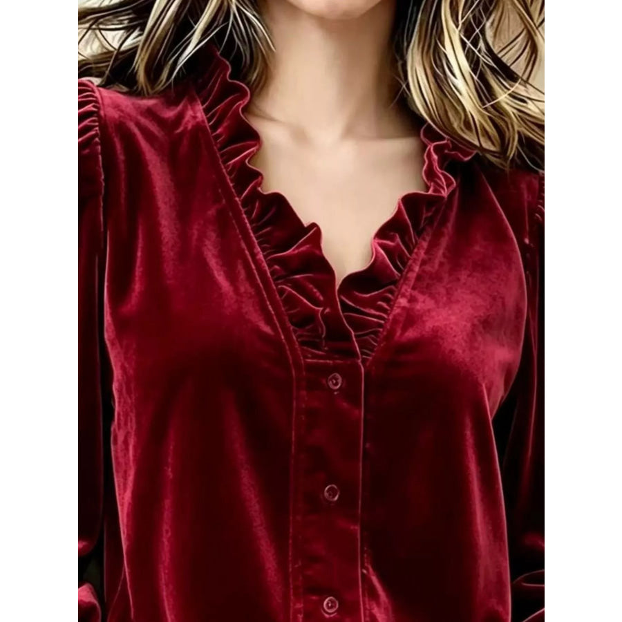 V-Neck Ruffled Velvet Button Down Blouse