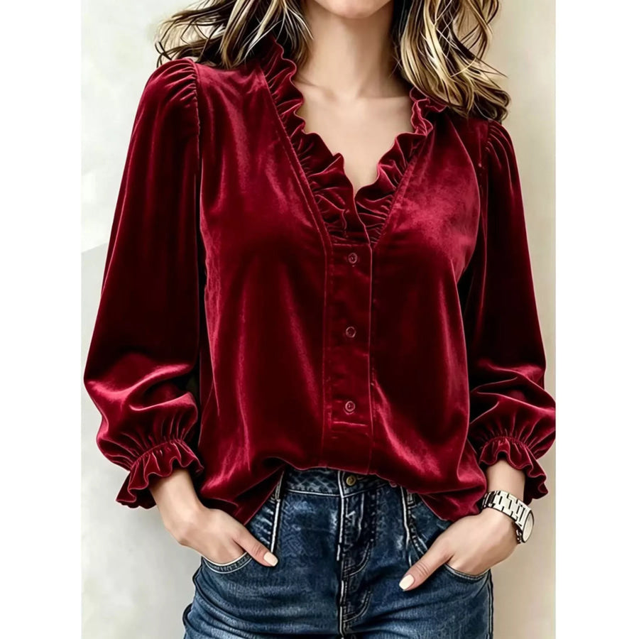 V-Neck Ruffled Velvet Button Down Blouse Wine Red / S