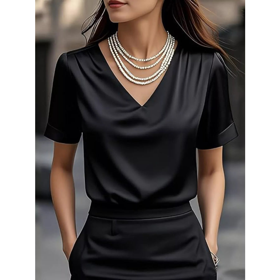 V-Neck Satin Blouse Black / S Apparel and Accessories