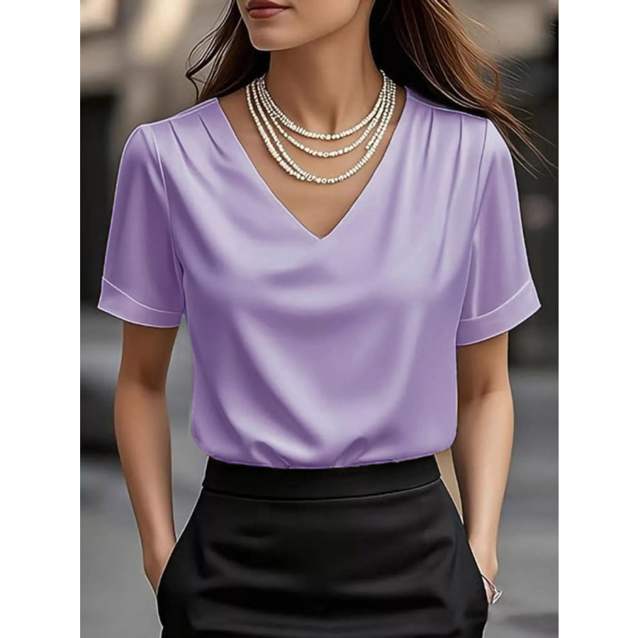 V-Neck Satin Blouse Light Purple / S Apparel and Accessories