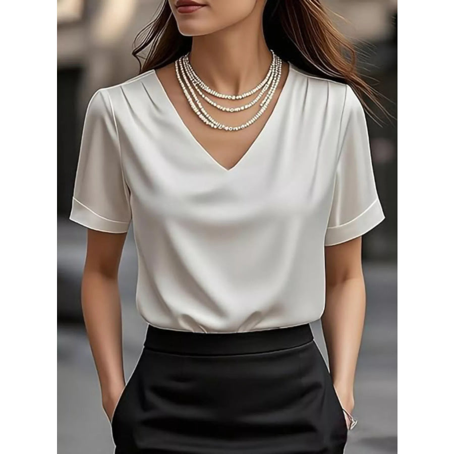 V-Neck Satin Blouse White / S Apparel and Accessories