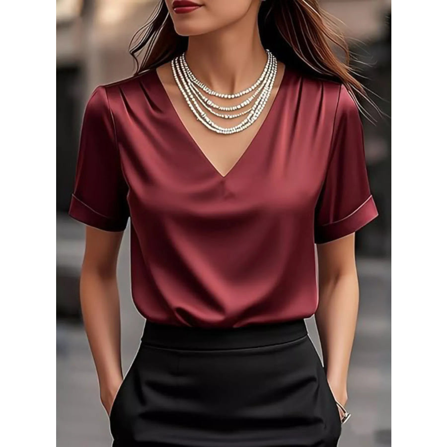 V-Neck Satin Blouse Wine Red / S Apparel and Accessories