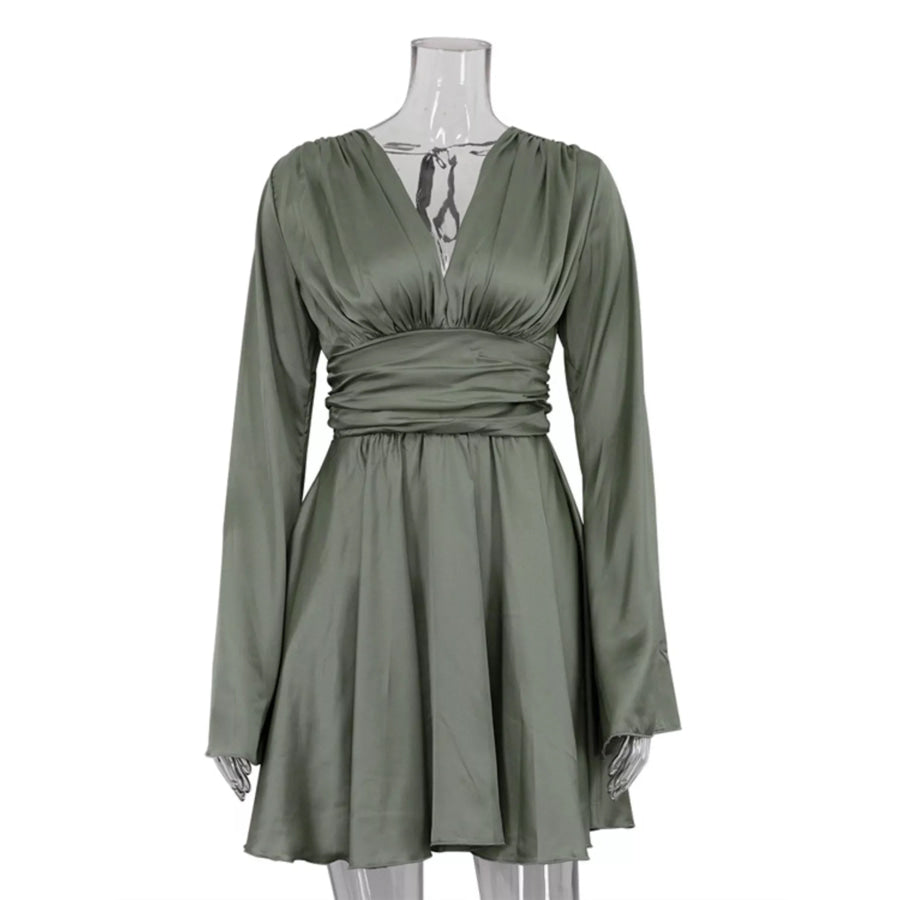 V-Neck Satin Mini Dress with Flowy Sleeves Apparel and Accessories