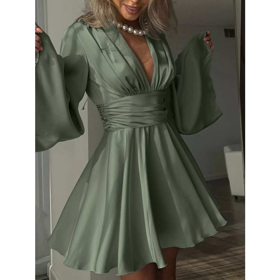 V-Neck Satin Mini Dress with Flowy Sleeves Army Green / S Apparel and Accessories