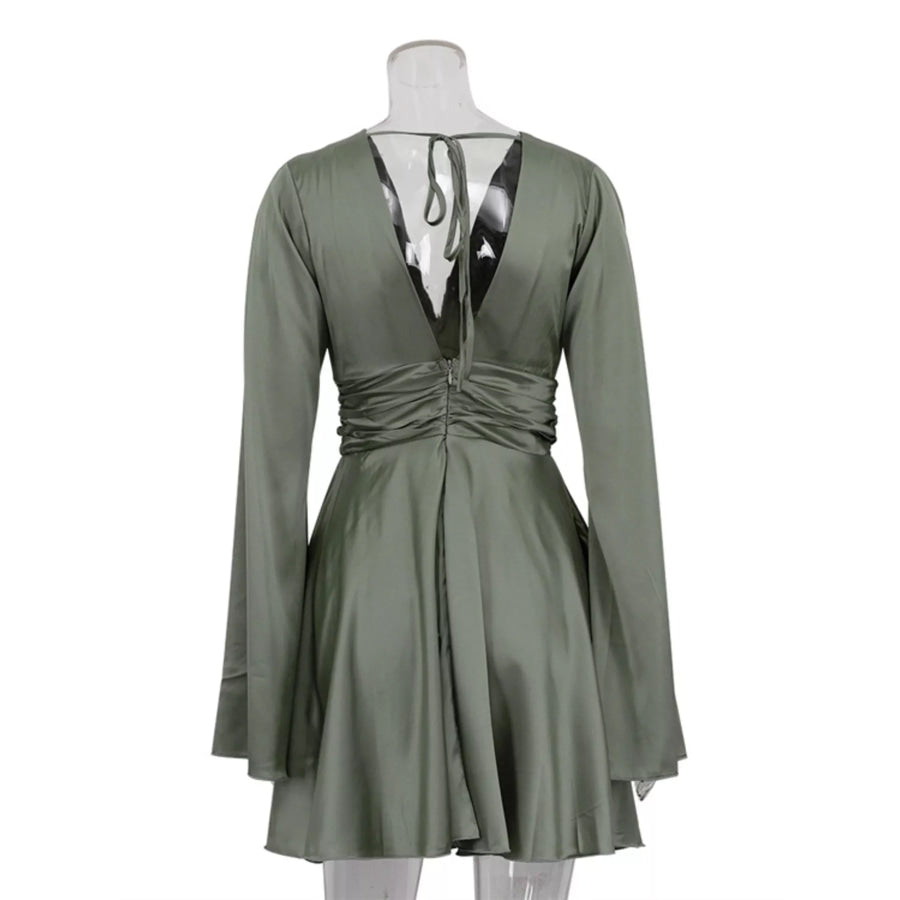 V-Neck Satin Mini Dress with Flowy Sleeves Apparel and Accessories