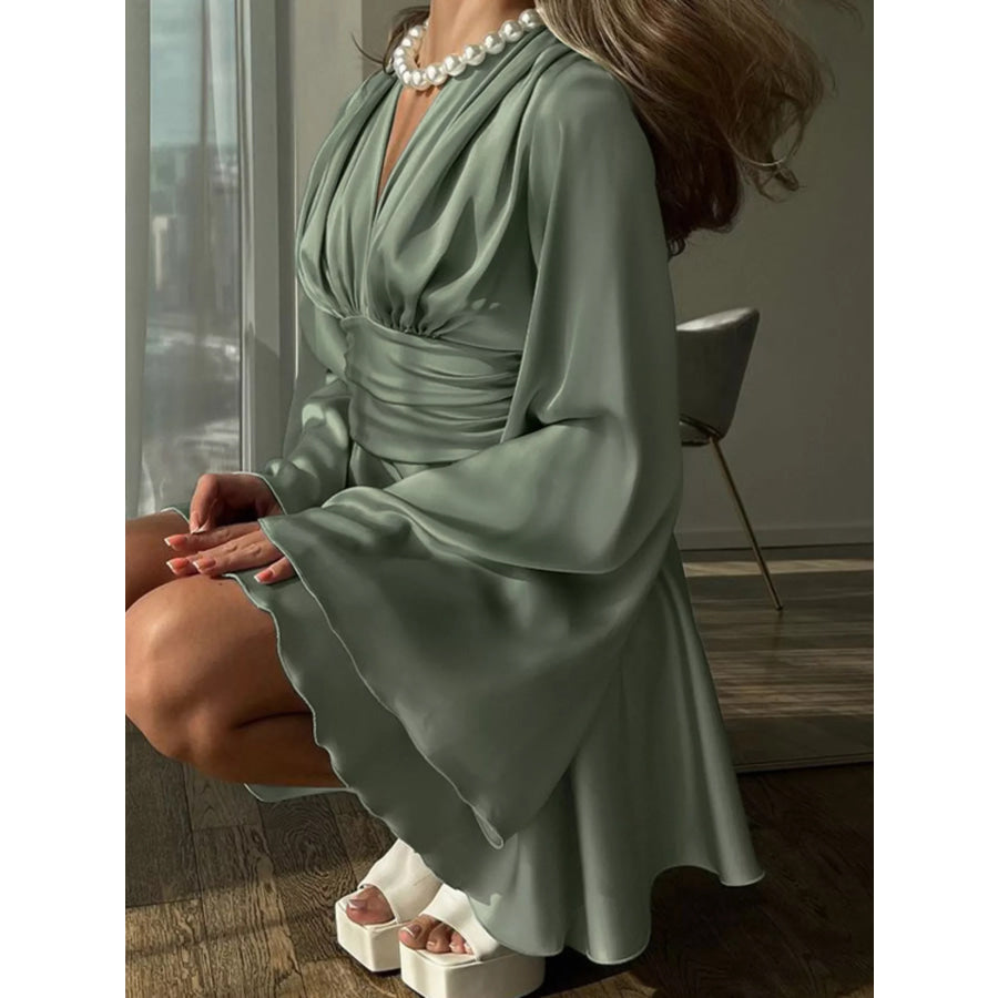 V-Neck Satin Mini Dress with Flowy Sleeves Apparel and Accessories