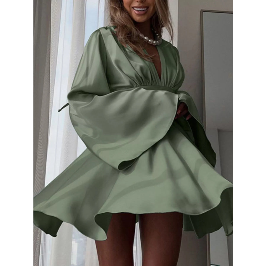 V-Neck Satin Mini Dress with Flowy Sleeves Apparel and Accessories