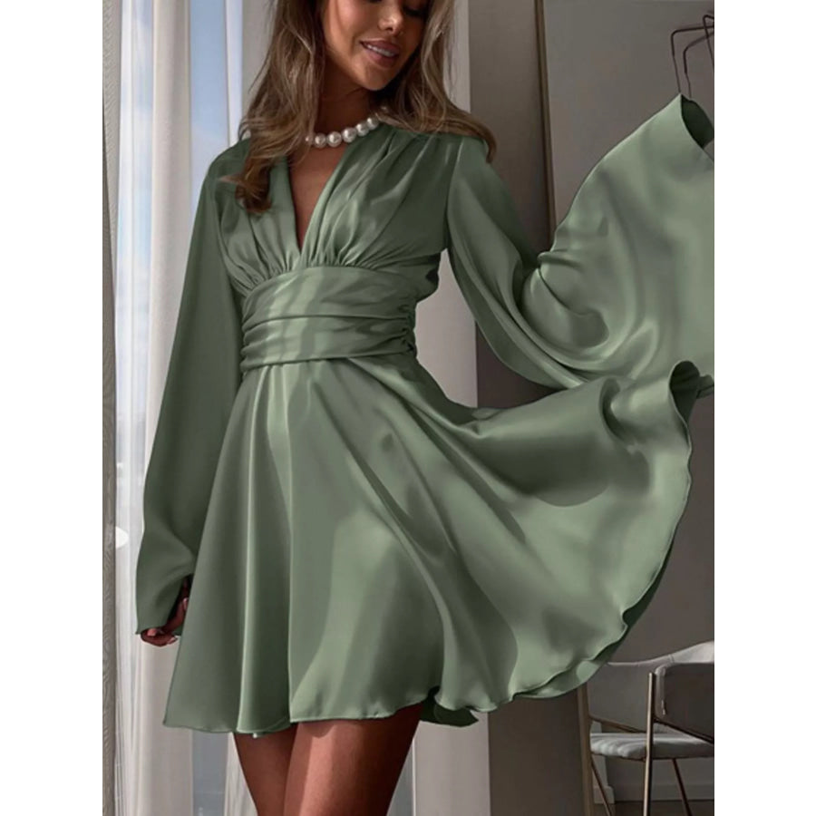 V-Neck Satin Mini Dress with Flowy Sleeves Army Green / S Apparel and Accessories