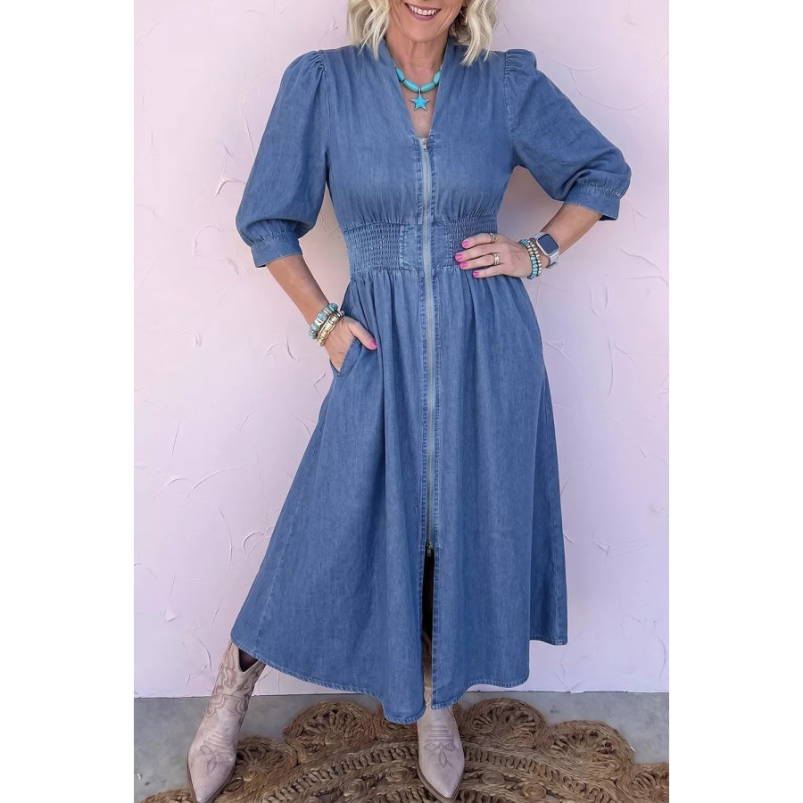V Neck Shirred Waist Metal Zipper Denim Midi Dress Apparel and Accessories