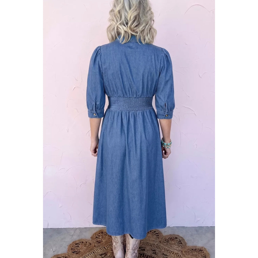 V Neck Shirred Waist Metal Zipper Denim Midi Dress Apparel and Accessories