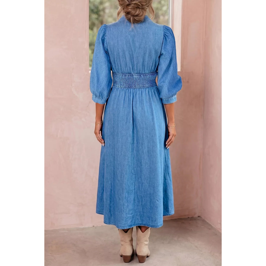 V Neck Shirred Waist Metal Zipper Denim Midi Dress Apparel and Accessories