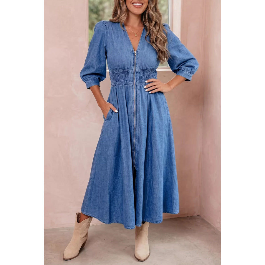 V Neck Shirred Waist Metal Zipper Denim Midi Dress Peacock Blue / S Apparel and Accessories