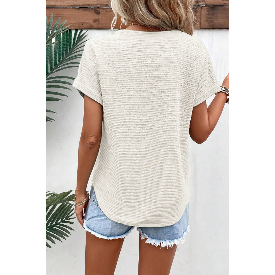 V - Neck Short Sleeve Blouse Beige / S Apparel and Accessories