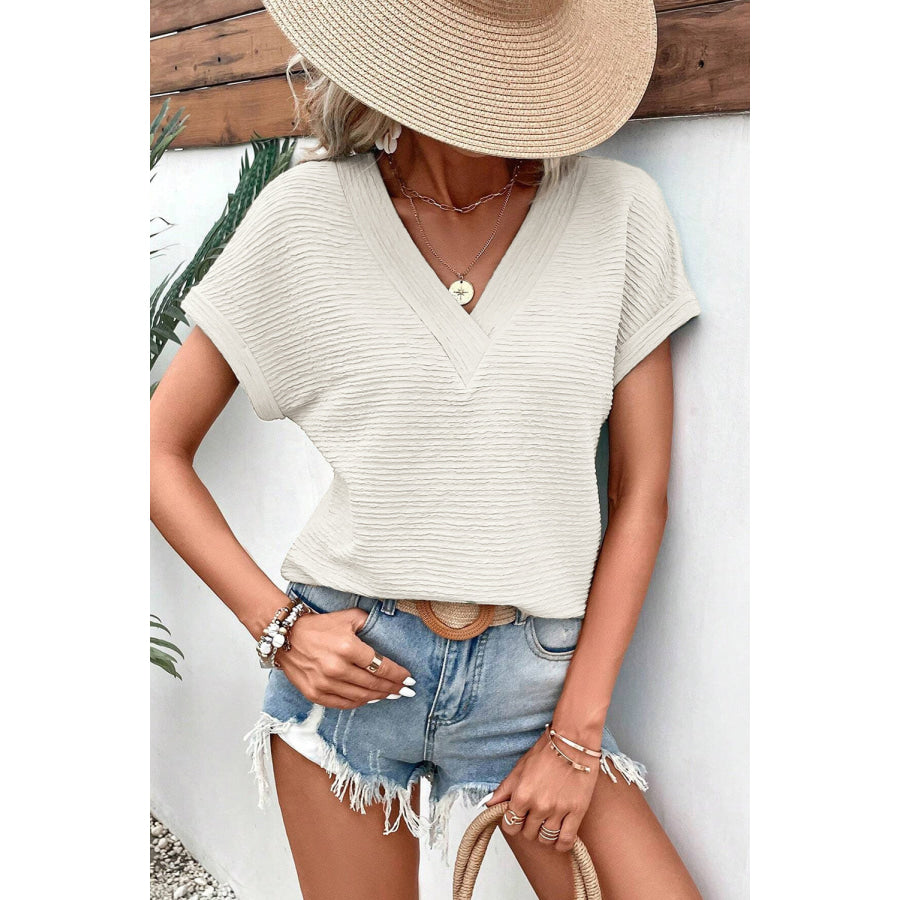 V - Neck Short Sleeve Blouse Beige / S Apparel and Accessories