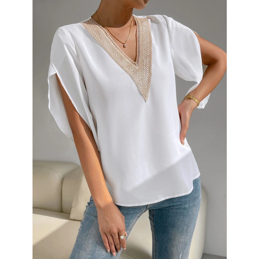 V - Neck Short Sleeve Blouse Beige / S Apparel and Accessories