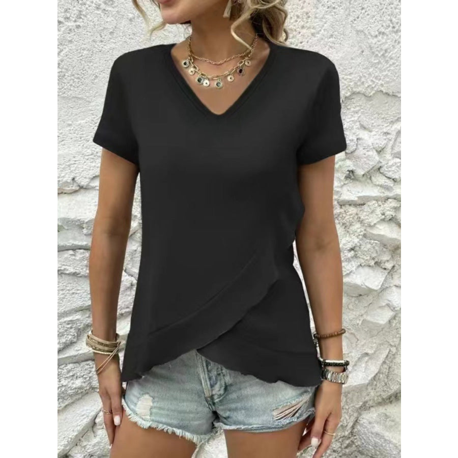 V - Neck Short Sleeve Blouse Black / S Apparel and Accessories