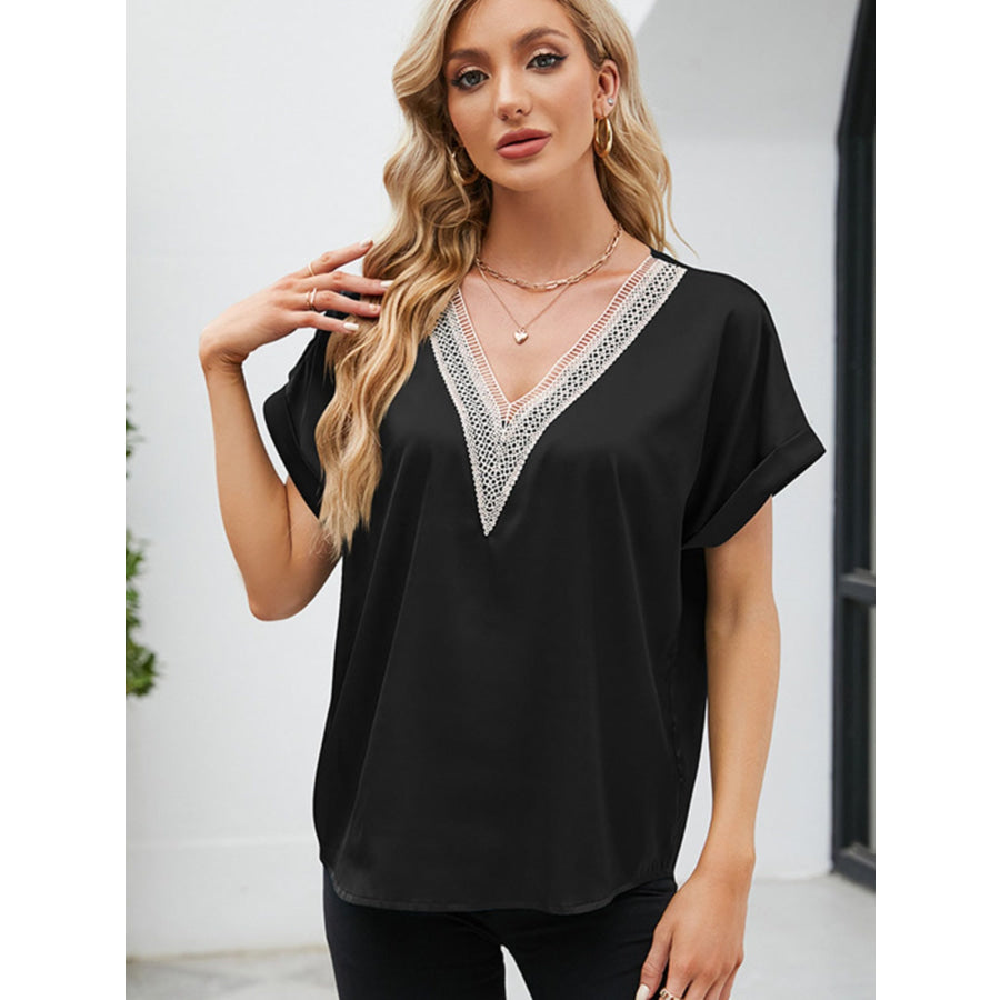 V - Neck Short Sleeve Blouse Black / S Apparel and Accessories