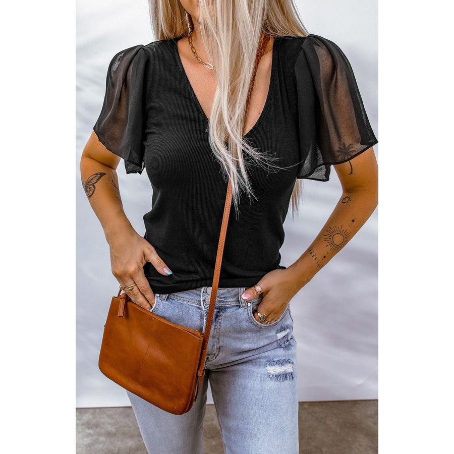 V - Neck Short Sleeve Blouse Black / S Apparel and Accessories