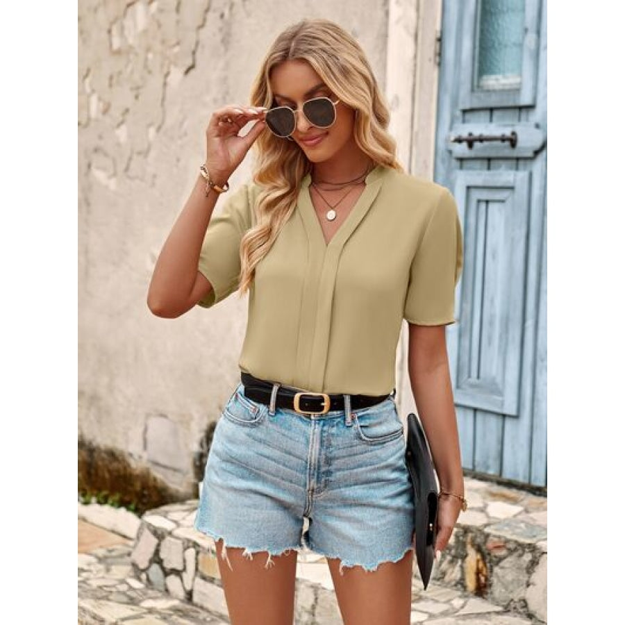 V-Neck Short Sleeve Blouse Clothing