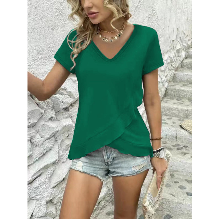 V - Neck Short Sleeve Blouse Green / S Apparel and Accessories