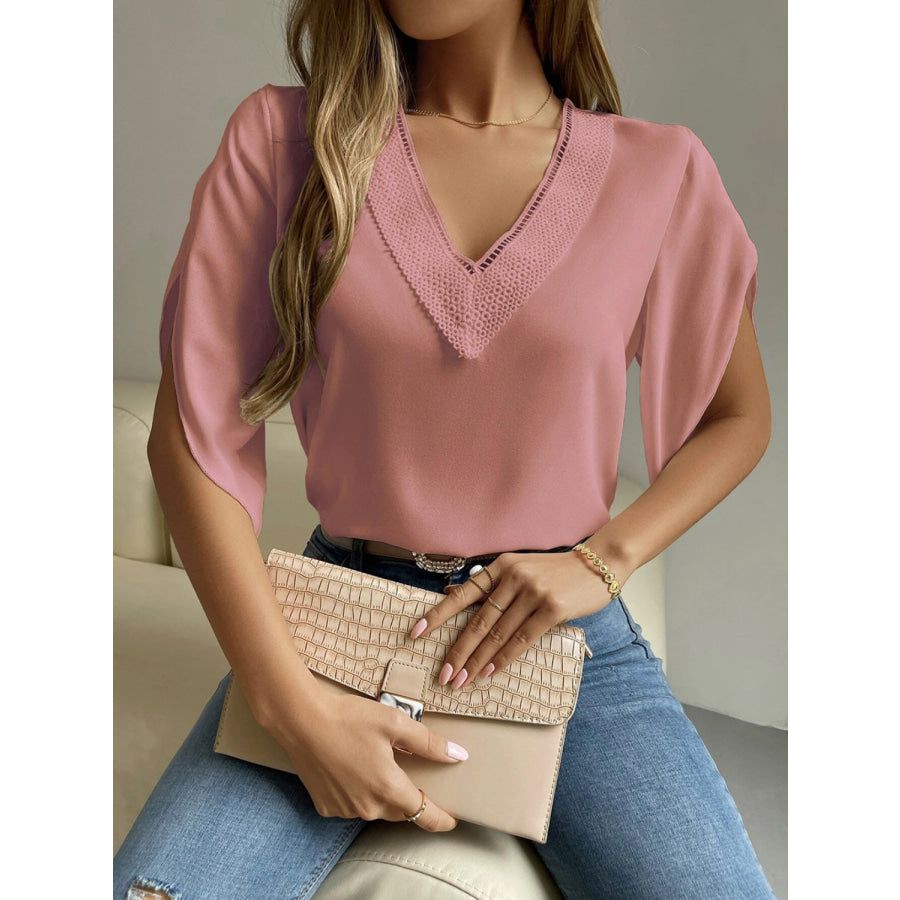 V - Neck Short Sleeve Blouse Light Mauve / S Apparel and Accessories