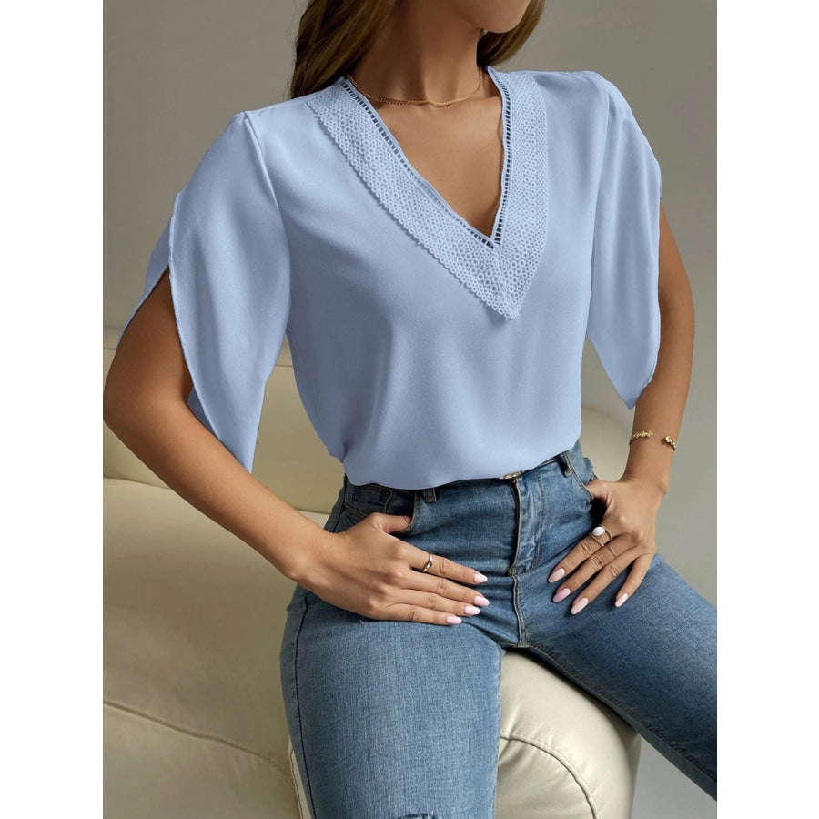 V - Neck Short Sleeve Blouse Misty Blue / S Apparel and Accessories