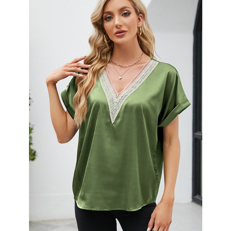 V - Neck Short Sleeve Blouse Moss / S Apparel and Accessories