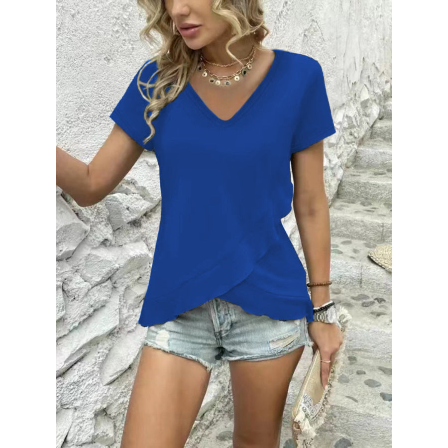 V - Neck Short Sleeve Blouse Royal Blue / S Apparel and Accessories