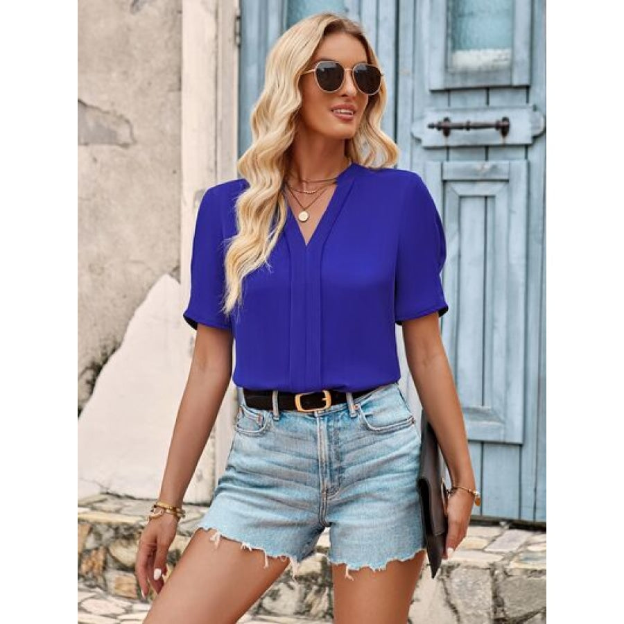 V-Neck Short Sleeve Blouse Royal Blue / S Clothing