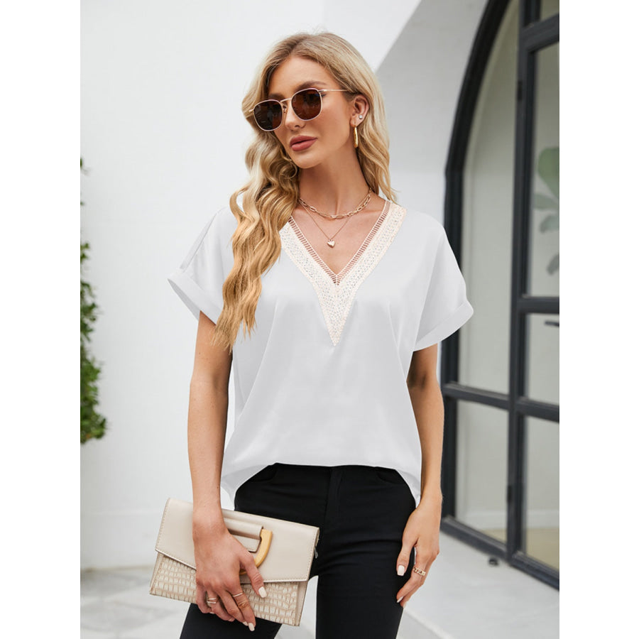 V - Neck Short Sleeve Blouse White / S Apparel and Accessories